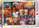 Eurographics Chinese Calendar jigsaw puzzle featuring colorful illustrations of animals representing the Chinese zodiac. Each section showcases vibrant and playful animal characters, including a dragon, tiger, and monkey, all set against rich backgrounds. The puzzle contains 1000 pieces and is perfect for family fun or solo relaxation.