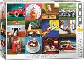A jigsaw puzzle titled 'Funny Mice' featuring whimsical illustrations of mice in various humorous scenarios. The puzzle box shows colorful artworks, including mice in costumes, a race car, an ice cream cone, and outer space, designed for joyful puzzle enthusiasts.