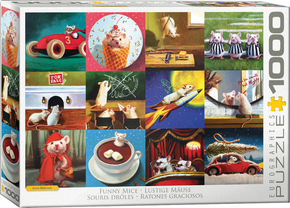 A jigsaw puzzle titled 'Funny Mice' featuring whimsical illustrations of mice in various humorous scenarios. The puzzle box shows colorful artworks, including mice in costumes, a race car, an ice cream cone, and outer space, designed for joyful puzzle enthusiasts.