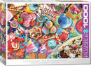 A colorful jigsaw puzzle box featuring a variety of delicious ice creams and desserts. The design showcases different types of ice cream cones, sundaes, and toppings, all set against a vibrant background filled with fruits and sprinkles. Perfect for ice cream lovers and puzzle enthusiasts alike.