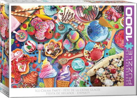 A colorful jigsaw puzzle box featuring a variety of delicious ice creams and desserts. The design showcases different types of ice cream cones, sundaes, and toppings, all set against a vibrant background filled with fruits and sprinkles. Perfect for ice cream lovers and puzzle enthusiasts alike.