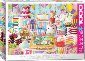 Eurographics Birthday Party Cakes jigsaw puzzle featuring an assortment of beautifully decorated cakes and desserts, perfect for cake lovers. The image includes colorful tiered cakes, cupcakes, and party decorations that capture the joy of birthday celebrations.