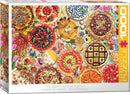 A colorful jigsaw puzzle box featuring various beautifully designed pies and desserts, adorned with fruits, flowers, and intricate patterns. The vibrant visuals showcase a delightful array of treats, perfect for pie lovers and puzzle enthusiasts alike.