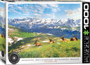 Eurographics jigsaw puzzle featuring a scenic view of Mountain Elk in a vibrant green meadow, surrounded by majestic mountains and a clear blue sky. The puzzle contains 1000 pieces, showcasing nature's beauty and wildlife, perfect for enthusiasts of outdoor themes.
