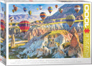Air Balloons Over Cappadocia jigsaw puzzle by Eurographics features a stunning landscape of colorful hot air balloons soaring over the unique rock formations and valleys of Cappadocia, Turkey. The vibrant balloons add a splash of color against the serene backdrop of soft hills and blue skies, making it a captivating visual experience for puzzle enthusiasts.