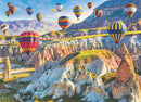 A vibrant jigsaw puzzle featuring colorful hot air balloons floating over the stunning landscape of Cappadocia. The scene captures unique rock formations and vivid colors against a clear blue sky, showcasing the enchanting beauty of this popular travel destination.