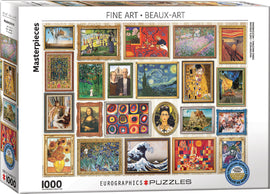 Eurographics Masterpieces jigsaw puzzle featuring a collection of famous artworks displayed in ornate frames. The puzzle contains 1000 pieces and showcases iconic pieces from renowned artists including the Mona Lisa, Starry Night, and The Scream, all intricately arranged for an engaging puzzle experience.