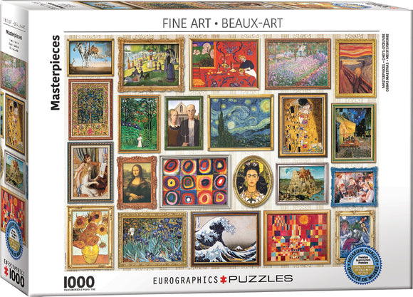 Eurographics Masterpieces jigsaw puzzle featuring a collection of famous artworks displayed in ornate frames. The puzzle contains 1000 pieces and showcases iconic pieces from renowned artists including the Mona Lisa, Starry Night, and The Scream, all intricately arranged for an engaging puzzle experience.