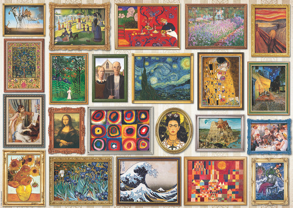 A vibrant jigsaw puzzle featuring a collage of famous artworks framed in ornate styles. The puzzle includes iconic pieces like 'The Starry Night', 'The Mona Lisa', and 'The Scream', arranged aesthetically on a textured background. It's designed to provide a challenging and engaging experience for puzzle enthusiasts and art lovers alike.
