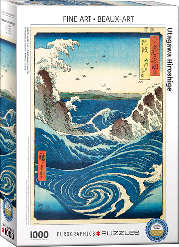 Naruto Whirlpool Jigsaw Puzzle by Eurographics featuring a vibrant and detailed depiction of ocean waves inspired by Utagawa Hiroshige's artwork. The box showcases a 1000-piece puzzle, ideal for both art lovers and puzzle enthusiasts, bringing an engaging and colorful challenge to your collection.