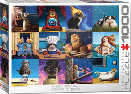 Zodiac Cats jigsaw puzzle by Eurographics featuring 12 whimsical illustrations of cats styled as zodiac signs. Each cat is depicted in a unique scene that reflects their astrological traits, perfect for cat lovers and puzzle enthusiasts alike.