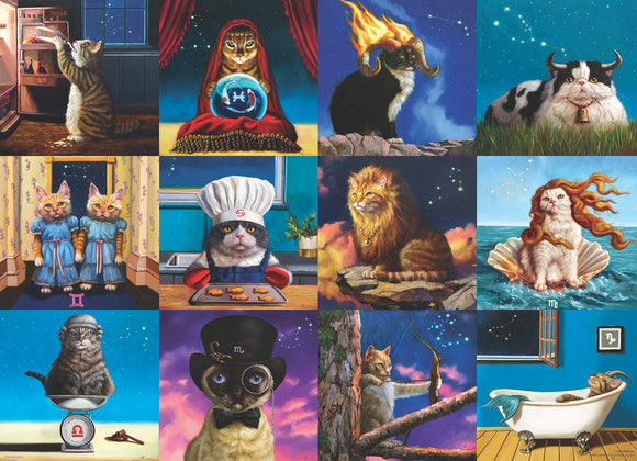 A colorful jigsaw puzzle featuring whimsical paintings of cats representing the zodiac signs. Each cat is illustrated in a unique pose, depicting various astrological themes, such as a cat in a chef's hat baking cookies, another gazing into a crystal ball, and one lounging in a seashell, all set against starry backgrounds.