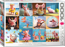 The Funny Pigs jigsaw puzzle by Eurographics features a colorful collage of whimsical pig illustrations. Each image showcases pigs in humorous scenarios, such as pigs wearing sunglasses at the beach, dining on noodles, swimming, and dressed in various playful outfits. The box contains 1000 pieces and is designed by artist Lucia Hoffmann.