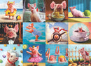 A colorful jigsaw puzzle featuring whimsical illustrations of pigs in various humorous scenarios, including swimming, cooking, and posing, by Eurographics. Each pig is depicted in playful attire, showcasing a variety of fun actions and expressions, making it a delightful challenge for puzzle enthusiasts.