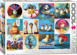 Funny Birds jigsaw puzzle featuring whimsical and humorous bird illustrations. The puzzle includes various birds engaged in playful activities such as reading, relaxing in pools, and wearing accessories, all in vibrant colors and artistic styles. Perfect for bird lovers and puzzle enthusiasts.