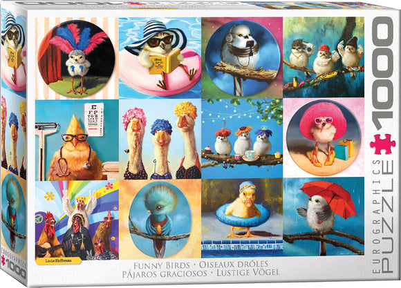 Funny Birds jigsaw puzzle featuring whimsical and humorous bird illustrations. The puzzle includes various birds engaged in playful activities such as reading, relaxing in pools, and wearing accessories, all in vibrant colors and artistic styles. Perfect for bird lovers and puzzle enthusiasts.