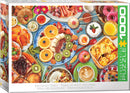 A vibrant jigsaw puzzle featuring a beautifully arranged breakfast table filled with various foods, including fresh fruits like oranges, bananas, and kiwis, baked goods like croissants and donuts, and beverages such as coffee and juice. Ideal for puzzle enthusiasts who enjoy colorful and detailed imagery.