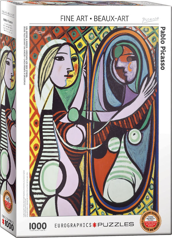 Eurographics jigsaw puzzle featuring Pablo Picasso's iconic artwork 'Girl Before a Mirror'. The 1000-piece puzzle showcases vibrant colors and abstract shapes, capturing the intricate details of the painting. Perfect for art lovers and puzzle enthusiasts alike.