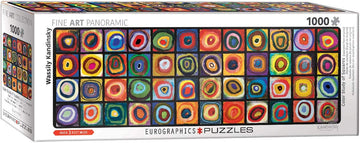 Eurographics Color Squares Jigsaw Puzzle featuring a vibrant design inspired by Wassily Kandinsky. The packaging shows a collection of colorful concentric squares, representing Kandinsky's abstract art style. The puzzle consists of 1000 pieces and measures over three feet wide when completed, ideal for art lovers and puzzle enthusiasts alike.