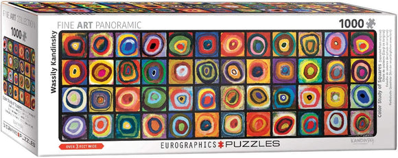 Eurographics Color Squares Jigsaw Puzzle featuring a vibrant design inspired by Wassily Kandinsky. The packaging shows a collection of colorful concentric squares, representing Kandinsky's abstract art style. The puzzle consists of 1000 pieces and measures over three feet wide when completed, ideal for art lovers and puzzle enthusiasts alike.