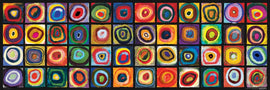Color Squares jigsaw puzzle featuring vibrant, abstract designs inspired by the works of Wassily Kandinsky. The puzzle contains a grid of colorful squares, each containing concentric circles of various colors, showcasing a lively combination of reds, blues, greens, and yellows. Perfect for art enthusiasts and puzzle lovers alike.