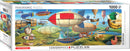 The Great Race panoramic jigsaw puzzle by Eurographics features an imaginative landscape filled with colorful airships and balloon-like vehicles. This 1000-piece puzzle showcases detailed illustrations that come together to create a whimsical scene over 3 feet wide.