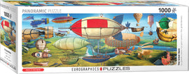 The Great Race panoramic jigsaw puzzle by Eurographics features an imaginative landscape filled with colorful airships and balloon-like vehicles. This 1000-piece puzzle showcases detailed illustrations that come together to create a whimsical scene over 3 feet wide.