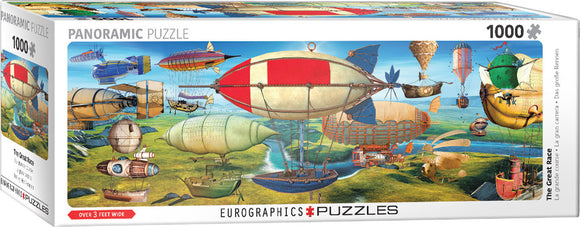 The Great Race panoramic jigsaw puzzle by Eurographics features an imaginative landscape filled with colorful airships and balloon-like vehicles. This 1000-piece puzzle showcases detailed illustrations that come together to create a whimsical scene over 3 feet wide.