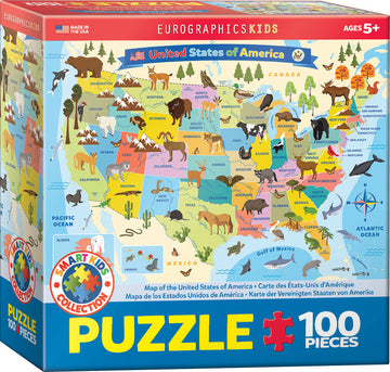 Illustrated jigsaw puzzle of the United States featuring a colorful map with animals and geographical landmarks. Includes 100 pieces, designed for ages 5 and up, created by Eurographics. The packaging showcases the vibrant details of each state, along with iconic wildlife representations.