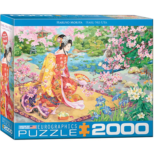 The Haru No Uta jigsaw puzzle by Eurographics features a beautiful and vibrant illustration by Haruyo Morita. The image depicts a serene scene of a woman in traditional Japanese attire sitting amidst blooming cherry blossoms and colorful flowers, with a tranquil pond in the background. This 2000-piece jigsaw puzzle showcases intricate details and vivid colors, making it a wonderful addition to any puzzle enthusiast's collection.
