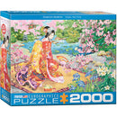 The Haru No Uta jigsaw puzzle by Eurographics features a beautiful and vibrant illustration by Haruyo Morita. The image depicts a serene scene of a woman in traditional Japanese attire sitting amidst blooming cherry blossoms and colorful flowers, with a tranquil pond in the background. This 2000-piece jigsaw puzzle showcases intricate details and vivid colors, making it a wonderful addition to any puzzle enthusiast's collection.