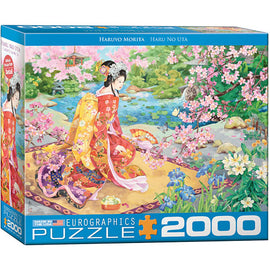 The Haru No Uta jigsaw puzzle by Eurographics features a beautiful and vibrant illustration by Haruyo Morita. The image depicts a serene scene of a woman in traditional Japanese attire sitting amidst blooming cherry blossoms and colorful flowers, with a tranquil pond in the background. This 2000-piece jigsaw puzzle showcases intricate details and vivid colors, making it a wonderful addition to any puzzle enthusiast's collection.