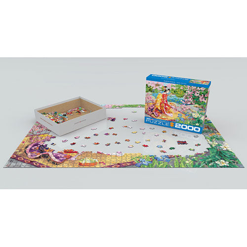 A colorful jigsaw puzzle named Haru No uta by Eurographics is displayed. The puzzle is laid out partially assembled, showcasing vibrant pieces on a table. A square box with the artwork of the puzzle is beside a tray filled with loose puzzle pieces. The vibrant design features beautiful floral patterns and figures, highlighting the intricate details and the challenge of assembling 2000 pieces.
