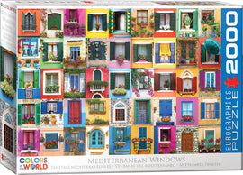 Eurographics Mediterranean Windows jigsaw puzzle featuring a vibrant collage of colorful Mediterranean windows adorned with flowers and greenery. The puzzle consists of 2000 pieces, showcasing rich textures and a variety of architectural styles, inviting puzzle enthusiasts to immerse themselves in this artistic experience.