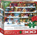 Eurographics Christmas Stories jigsaw puzzle box featuring a festive scene with Santa, Christmas trees, and holiday decorations across multiple shelves filled with storybooks and gifts. The vibrant art by Paul Normand showcases a winter wonderland, complete with reindeer and snowmen. This 300-piece puzzle is designed for family enjoyment.
