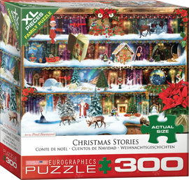 Eurographics Christmas Stories jigsaw puzzle box featuring a festive scene with Santa, Christmas trees, and holiday decorations across multiple shelves filled with storybooks and gifts. The vibrant art by Paul Normand showcases a winter wonderland, complete with reindeer and snowmen. This 300-piece puzzle is designed for family enjoyment.