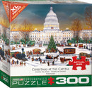 Christmas at the Capitol jigsaw puzzle by Eurographics. Features a vibrant holiday scene at the U.S. Capitol with festive decorations, a large Christmas tree, horse-drawn carriages, and people enjoying the winter festivities. The puzzle consists of 300 large pieces, making it perfect for family fun during the holidays.