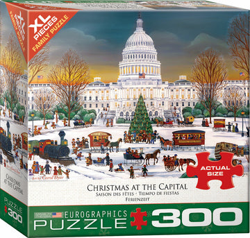 Christmas at the Capitol jigsaw puzzle by Eurographics. Features a vibrant holiday scene at the U.S. Capitol with festive decorations, a large Christmas tree, horse-drawn carriages, and people enjoying the winter festivities. The puzzle consists of 300 large pieces, making it perfect for family fun during the holidays.