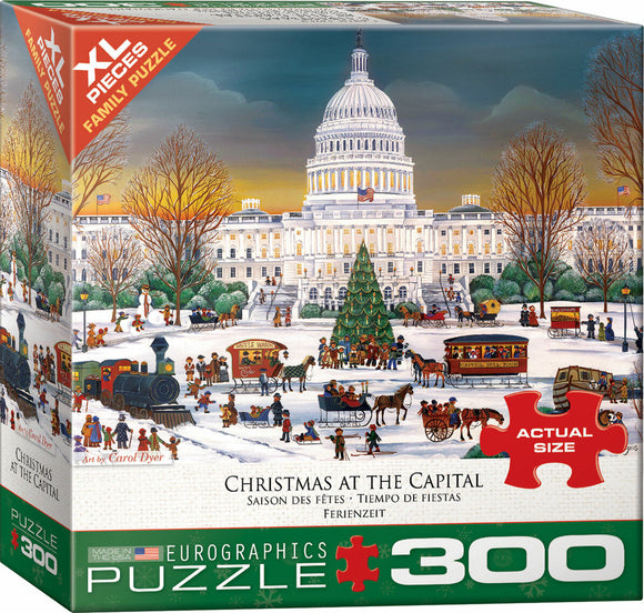 Christmas at the Capitol jigsaw puzzle by Eurographics. Features a vibrant holiday scene at the U.S. Capitol with festive decorations, a large Christmas tree, horse-drawn carriages, and people enjoying the winter festivities. The puzzle consists of 300 large pieces, making it perfect for family fun during the holidays.