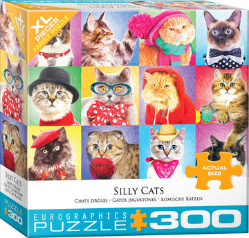 Silly Cats Large Piece Jigsaw Puzzle by Eurographics featuring a colorful design with various cats wearing funny accessories like hats, glasses, and bow ties. The box highlights 'XL Pieces' for easy handling and includes the title 'Silly Cats' along with vibrant cat illustrations.
