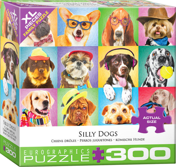 Silly Dogs large piece jigsaw puzzle by Eurographics featuring a colorful collage of funny dog portraits wearing hats and sunglasses. The box highlights that it contains XL pieces, suitable for family enjoyment, and shows images of various dog breeds in playful and stylish poses.