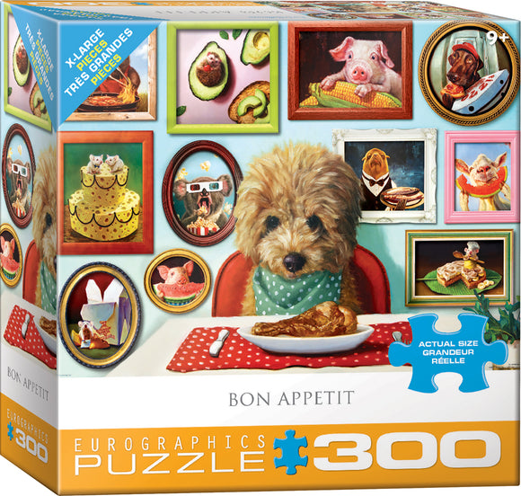 Bon Appetit jigsaw puzzle by Eurographics, featuring a whimsical dining scene with a dog wearing a green bandana sitting at a table with food. The background includes framed pictures of various animals and food items, highlighting a playful and artistic theme. Suitable for ages 9 and up, this 300-piece puzzle offers large, easy-to-handle pieces, perfect for puzzle enthusiasts or family fun.