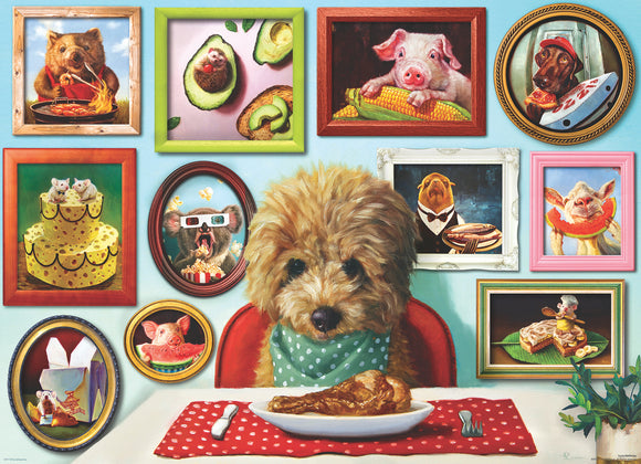 A whimsical jigsaw puzzle titled 'Bon Appetit' by Eurographics, featuring a charming dog in a green polka-dotted bandana sitting at a table full of delicious food. The background displays a colorful array of framed portraits of animals enjoying various culinary delights, including a pig with corn, a hedgehog with an avocado, and a bear watching popcorn. This vibrant and humorous design is perfect for both puzzle enthusiasts and pet lovers.