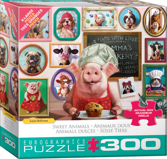 Box design of the Delicious Goodies jigsaw puzzle by Eurographics featuring a cheerful pig in a chef's hat holding a muffin. The background displays framed photos of animals in playful baking scenarios, underlining a fun, whimsical theme.