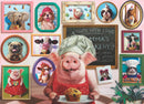 A colorful jigsaw puzzle featuring a whimsical bakery scene with a cheerful pig dressed as a baker. The pig is holding a muffin and surrounded by framed portraits of various animals, including a dog, cow, and elephant, all enjoying colorful sweets and desserts. The background showcases a chalkboard menu with handwritten text and decorative elements, adding to the fun and inviting atmosphere.