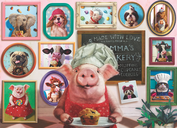 A colorful jigsaw puzzle featuring a whimsical bakery scene with a cheerful pig dressed as a baker. The pig is holding a muffin and surrounded by framed portraits of various animals, including a dog, cow, and elephant, all enjoying colorful sweets and desserts. The background showcases a chalkboard menu with handwritten text and decorative elements, adding to the fun and inviting atmosphere.