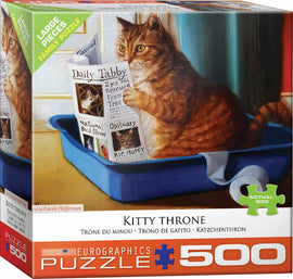 Kitty Throne jigsaw puzzle featuring a charming illustration of a fluffy orange cat sitting in a blue litter box, holding a newspaper titled 'Daily Tabby.' The newspaper discusses various cat-related stories, adding a humorous touch to this family-friendly puzzle. Made by Eurographics, this 500-piece jigsaw puzzle is perfect for cat lovers and puzzle enthusiasts alike.