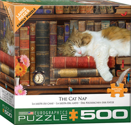 The Cat Nap jigsaw puzzle by Eurographics, featuring a cozy scene of a sleeping cat on a stack of vintage books, surrounded by flowers and an antique clock. Ideal for family fun with large pieces for easy handling.