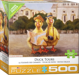 A colorful jigsaw puzzle box titled 'Duck Tours' by Eurographics featuring two cartoon ducks wearing hats and holding a map. The background shows a cityscape, ideal for family fun with large pieces for easy handling.