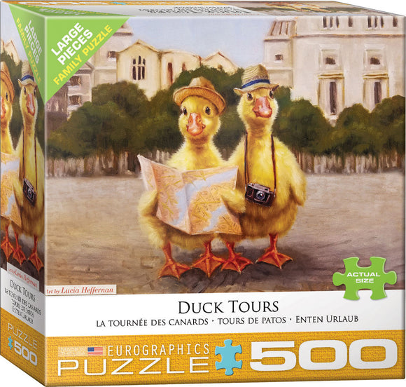 A colorful jigsaw puzzle box titled 'Duck Tours' by Eurographics featuring two cartoon ducks wearing hats and holding a map. The background shows a cityscape, ideal for family fun with large pieces for easy handling.